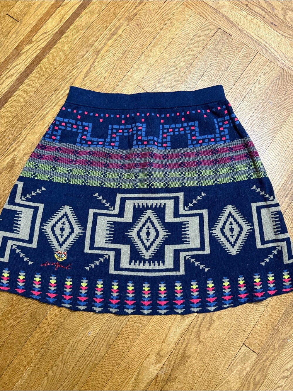 Desigual Patterned Navy A-Line Knit Skirt with Multicolor Accents